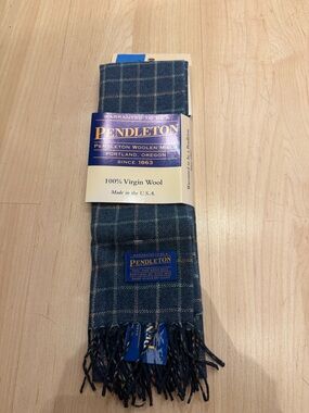 Pendleton Teal and Navy Plaid Virgin Wool Scarf